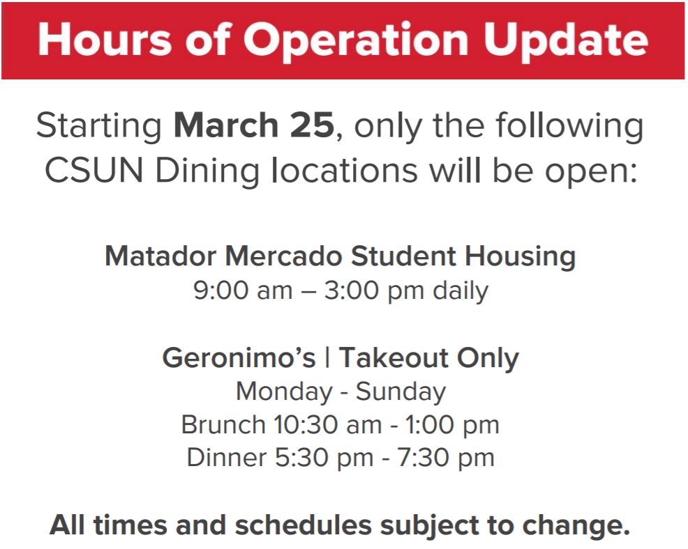 Dining Location Hours California State University, Northridge